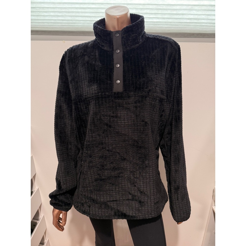 Orvis Womens Black Grid Fleece Snap Mock Neck Pullover Henley Jacket Pockets/L